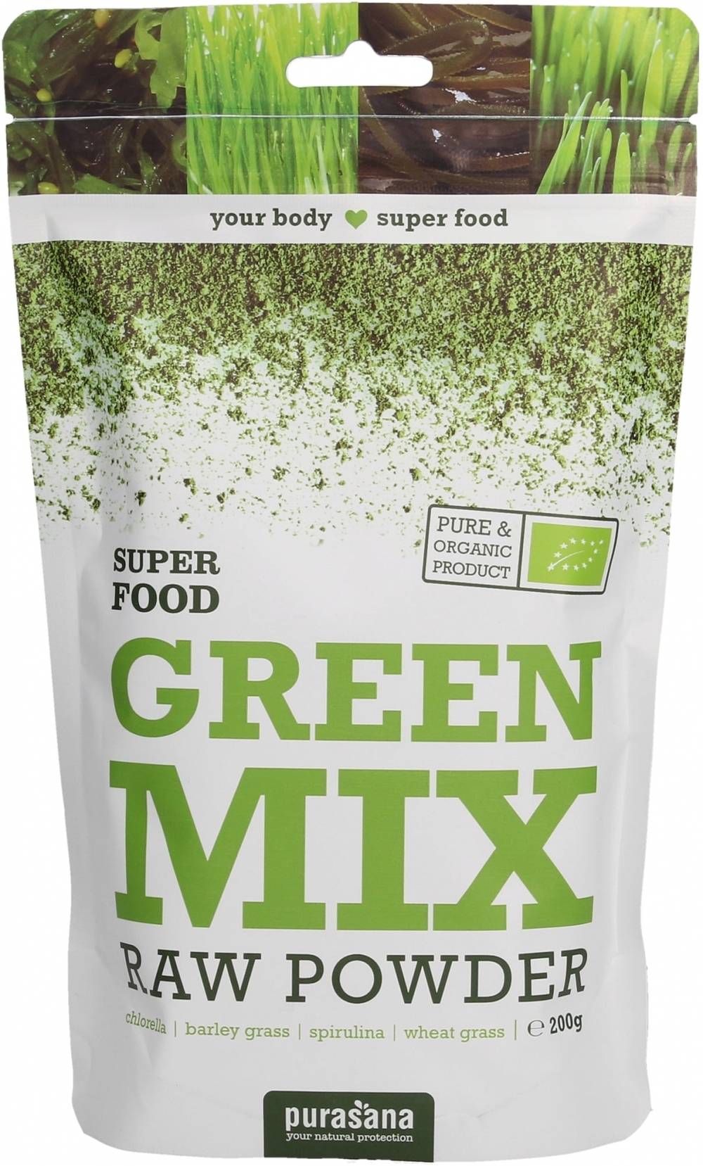 200 g. Purasana Green Mix Powder er en utsøkt naturlig blanding av chlorella, spirulina, hvete-gress og bygg-gress rik på folsyre, selen, jern og vitamin B12.