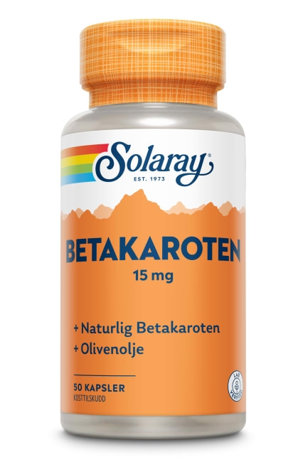 Naturlig betakaroten med spirulina, sitrongress & brokkoli i olivenolje. Betakaroten kan lagres i huden og støtte en naturlig brunfarge. 50 kapsler.